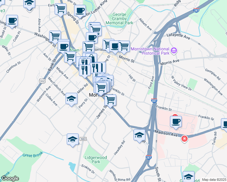 map of restaurants, bars, coffee shops, grocery stores, and more near 182 South Street in Morristown
