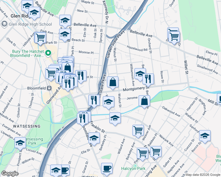 map of restaurants, bars, coffee shops, grocery stores, and more near 17 West Street in Bloomfield
