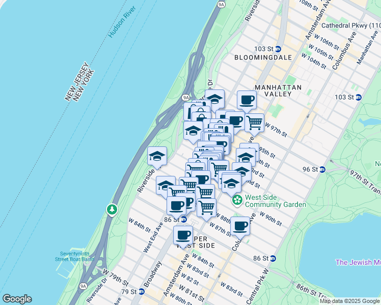 map of restaurants, bars, coffee shops, grocery stores, and more near 304 West 92nd Street in New York