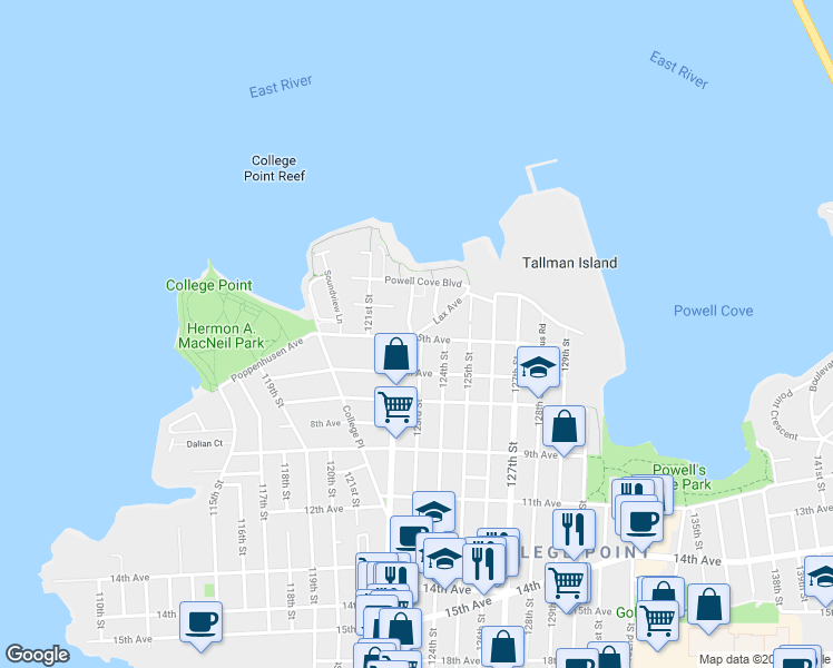 map of restaurants, bars, coffee shops, grocery stores, and more near 123-1 Lax Avenue in Queens