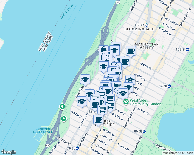 map of restaurants, bars, coffee shops, grocery stores, and more near 187 Riverside Drive in New York