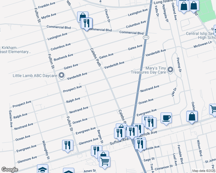 map of restaurants, bars, coffee shops, grocery stores, and more near 57 Ralph Avenue in Brentwood
