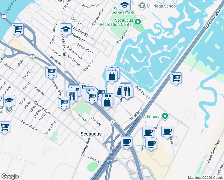 map of restaurants, bars, coffee shops, grocery stores, and more near 3 Mill Creek Drive in Secaucus