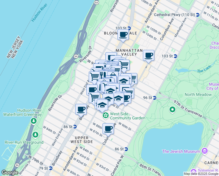 map of restaurants, bars, coffee shops, grocery stores, and more near 198 West 94th Street in New York