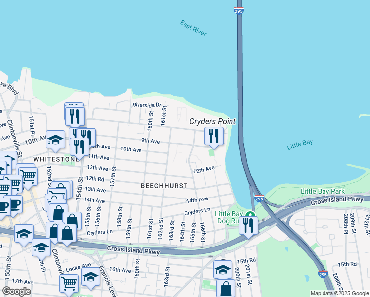 map of restaurants, bars, coffee shops, grocery stores, and more near 162-40 9th Avenue in Queens