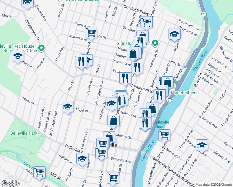 map of restaurants, bars, coffee shops, grocery stores, and more near 341 Washington Avenue in Belleville