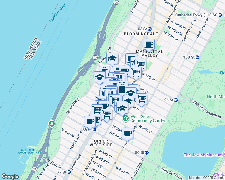 map of restaurants, bars, coffee shops, grocery stores, and more near 250 West 93rd Street in New York