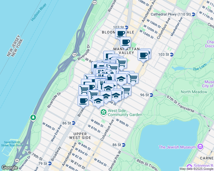 map of restaurants, bars, coffee shops, grocery stores, and more near Amsterdam Ave & W 94th St in New York