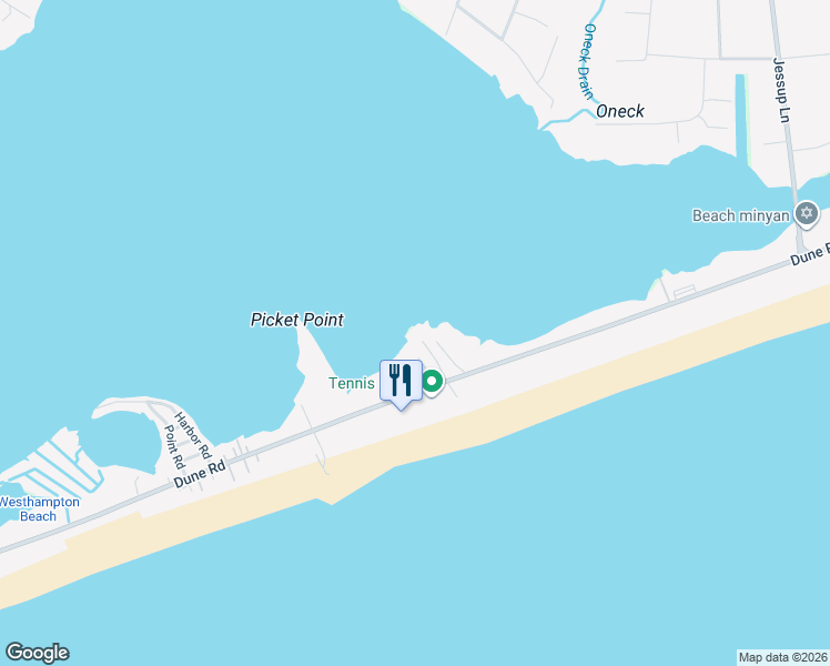 map of restaurants, bars, coffee shops, grocery stores, and more near 350 Dune Road in Westhampton Beach