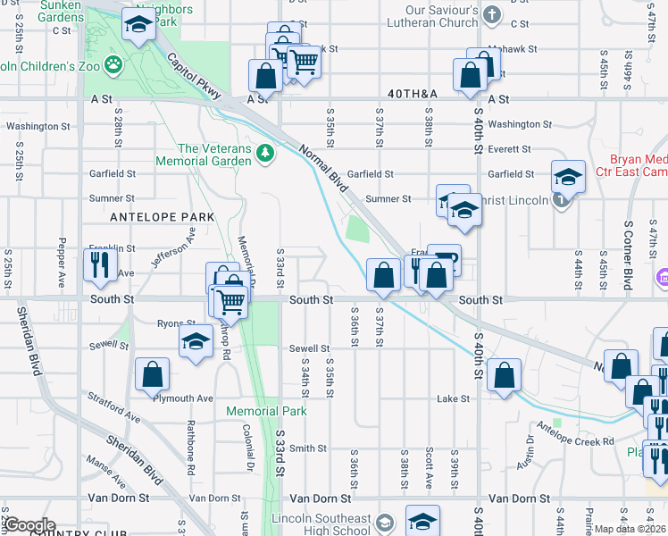 map of restaurants, bars, coffee shops, grocery stores, and more near 3450 Cable Avenue in Lincoln
