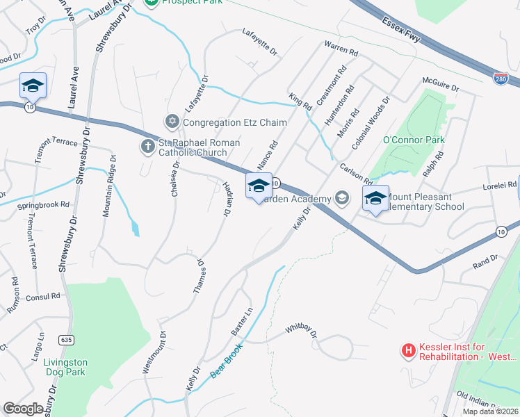 map of restaurants, bars, coffee shops, grocery stores, and more near 1 Kelly Drive in West Orange