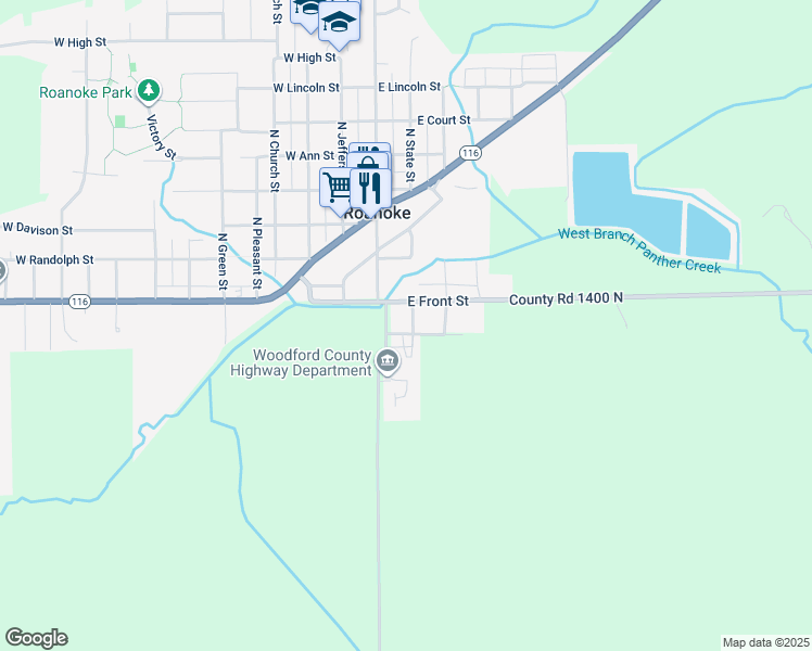 map of restaurants, bars, coffee shops, grocery stores, and more near 100-112 East Woodford Street in Roanoke