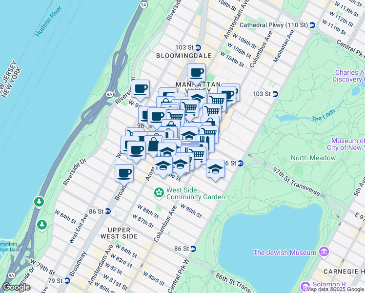 map of restaurants, bars, coffee shops, grocery stores, and more near 134 West 95th Street in New York