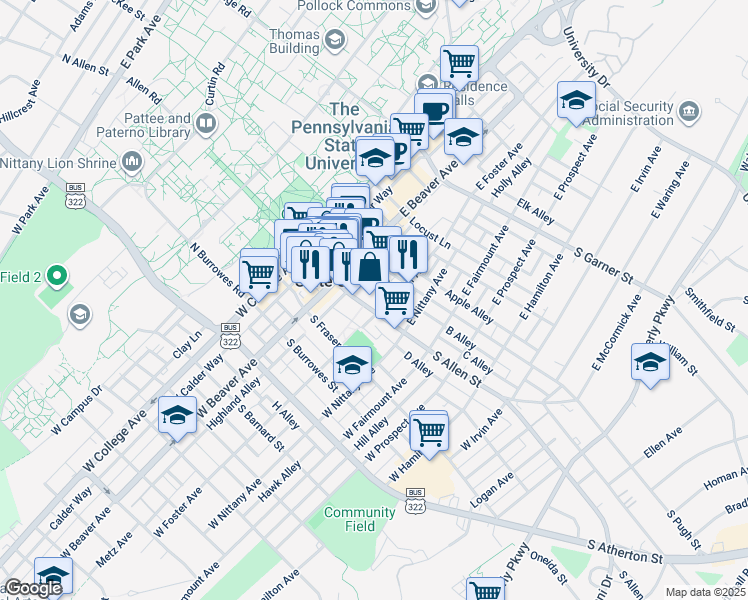map of restaurants, bars, coffee shops, grocery stores, and more near 243 South Allen Street in State College