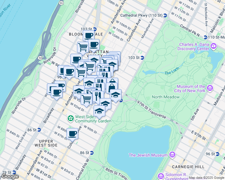map of restaurants, bars, coffee shops, grocery stores, and more near 65 West 96th Street in New York