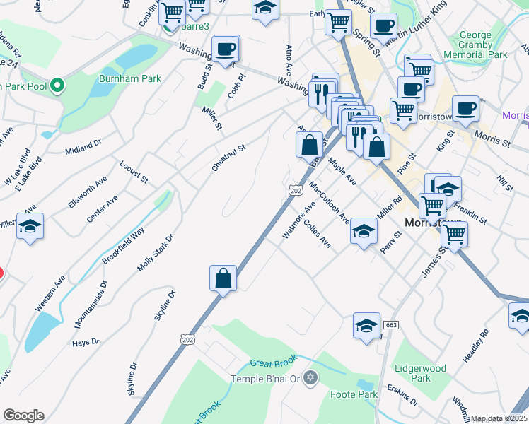 map of restaurants, bars, coffee shops, grocery stores, and more near 41 Mount Kemble Avenue in Morristown