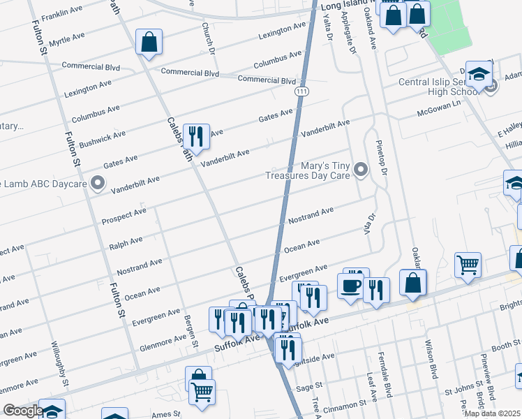 map of restaurants, bars, coffee shops, grocery stores, and more near 451 Nostrand Avenue in Central Islip
