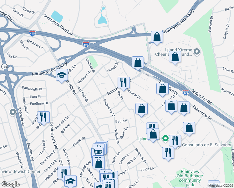 map of restaurants, bars, coffee shops, grocery stores, and more near 35 Pal Street in Plainview