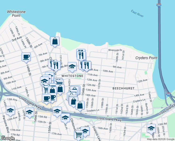 map of restaurants, bars, coffee shops, grocery stores, and more near 1030 154th Street in Queens