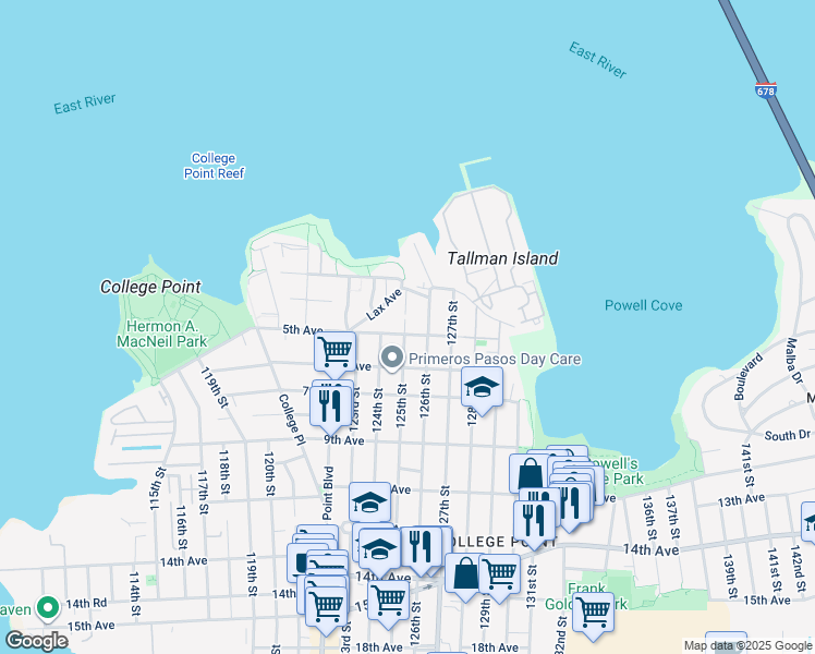map of restaurants, bars, coffee shops, grocery stores, and more near 125-16 5th Avenue in Queens