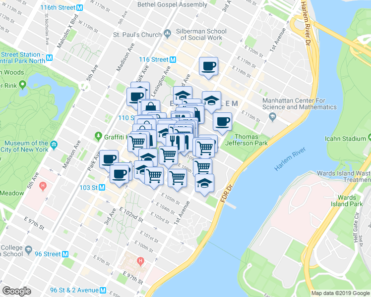 map of restaurants, bars, coffee shops, grocery stores, and more near 300 East 109th Street in New York