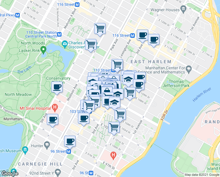 map of restaurants, bars, coffee shops, grocery stores, and more near 156 East 107th Street in New York