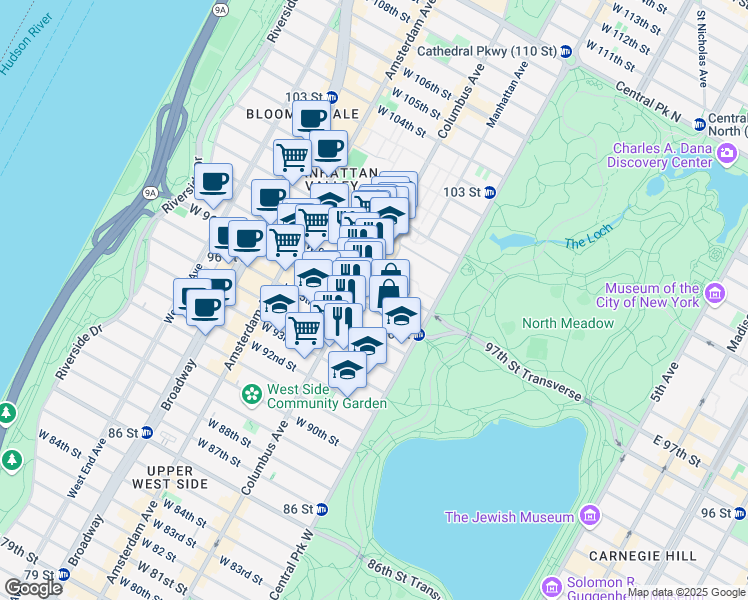 map of restaurants, bars, coffee shops, grocery stores, and more near 65 West 96th Street in New York