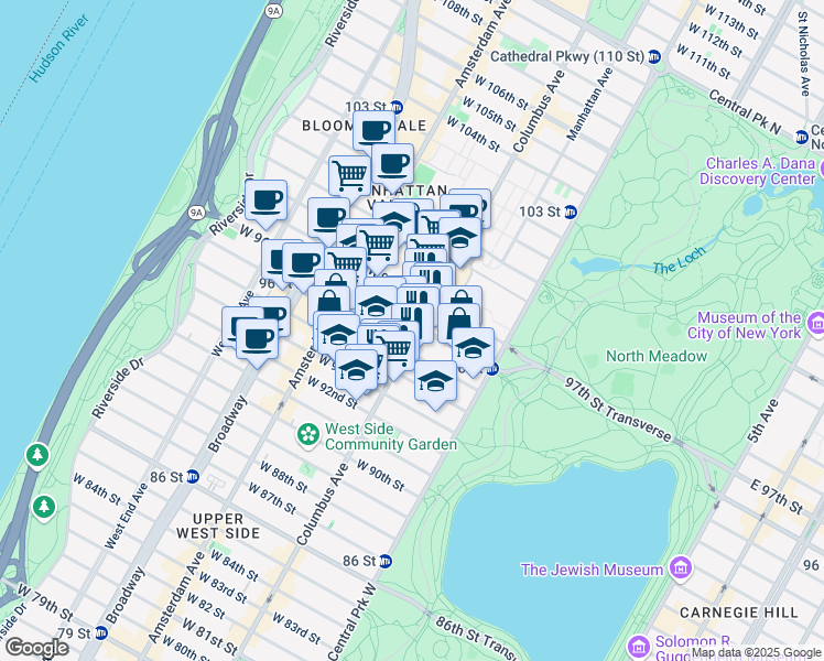 map of restaurants, bars, coffee shops, grocery stores, and more near 750 Columbus Avenue in New York