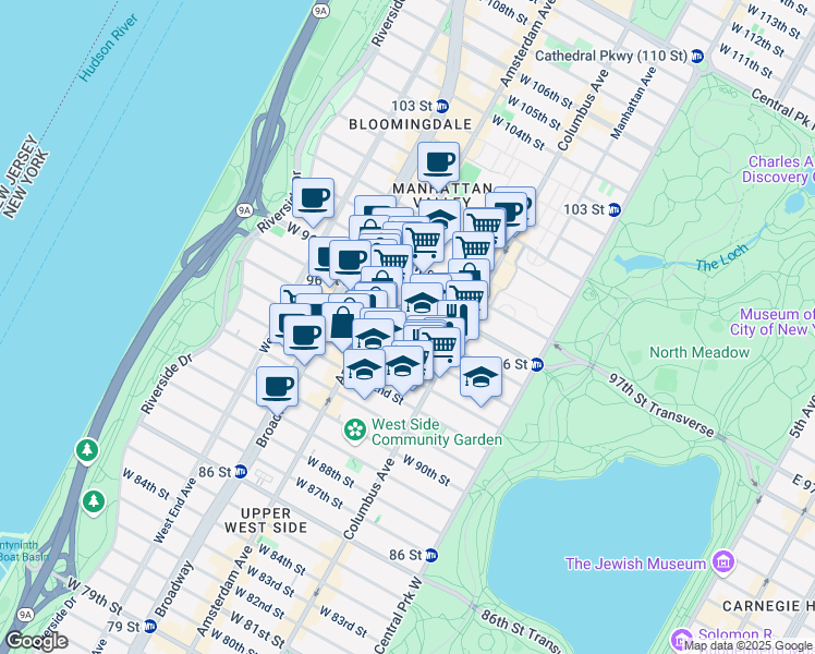 map of restaurants, bars, coffee shops, grocery stores, and more near 134 West 95th Street in New York