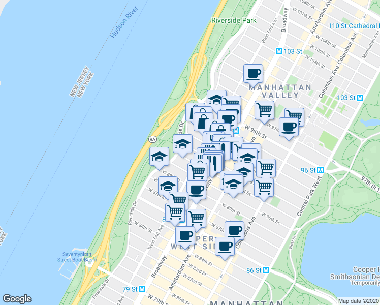 map of restaurants, bars, coffee shops, grocery stores, and more near in New York
