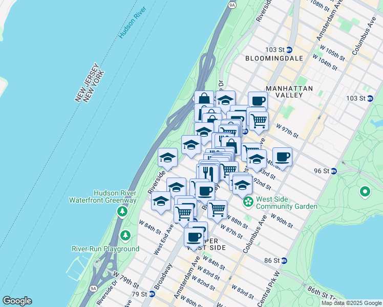 map of restaurants, bars, coffee shops, grocery stores, and more near 187 Riverside Drive in New York