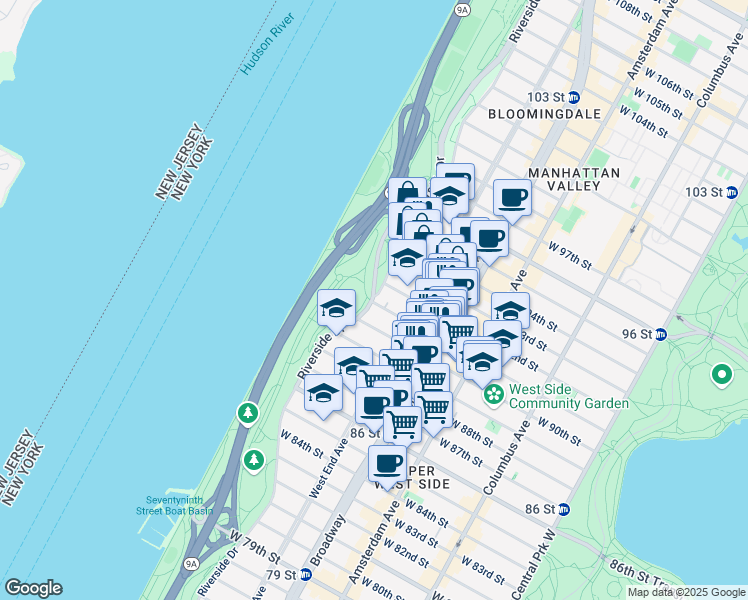 map of restaurants, bars, coffee shops, grocery stores, and more near 192 Riverside Drive in New York