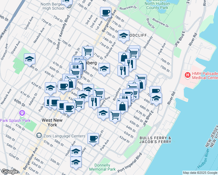 map of restaurants, bars, coffee shops, grocery stores, and more near 300 67th Street in West New York
