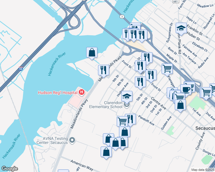 map of restaurants, bars, coffee shops, grocery stores, and more near 697 Eighth Street in Secaucus