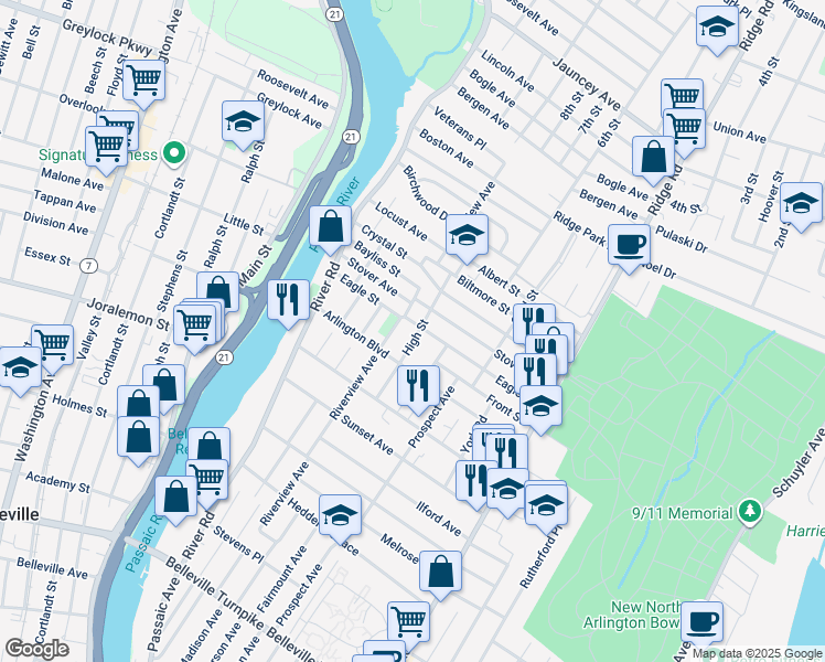 map of restaurants, bars, coffee shops, grocery stores, and more near 241 High Street in North Arlington