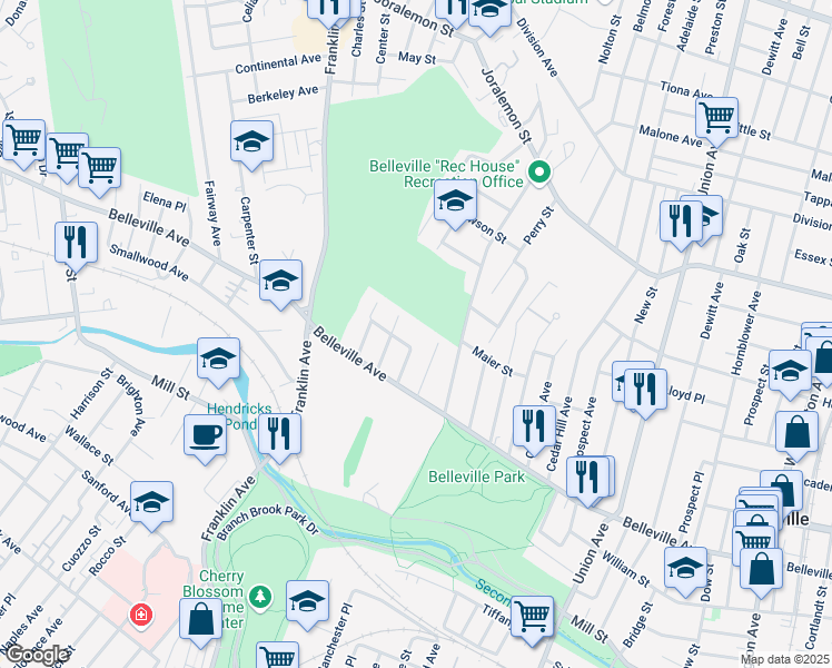 map of restaurants, bars, coffee shops, grocery stores, and more near 55 Walnut Street in Belleville