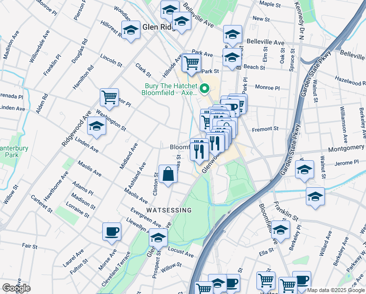 map of restaurants, bars, coffee shops, grocery stores, and more near 121 Thomas Street in Bloomfield