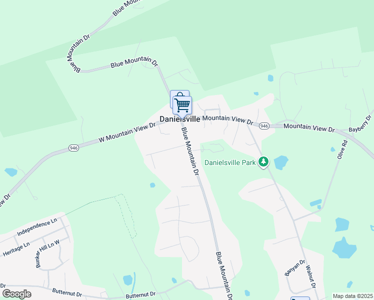 map of restaurants, bars, coffee shops, grocery stores, and more near 1329 Blue Mountain Drive in Danielsville