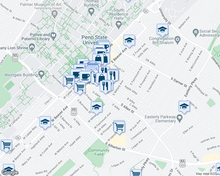 map of restaurants, bars, coffee shops, grocery stores, and more near 301 South Allen Street in State College