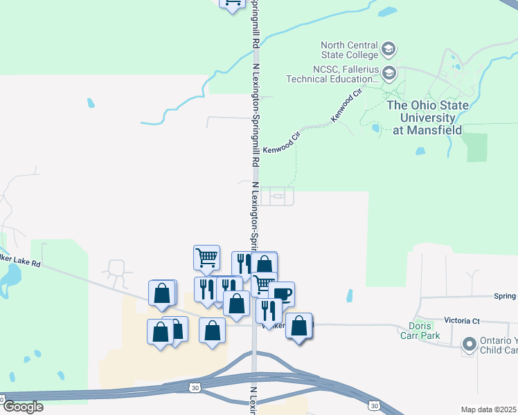 map of restaurants, bars, coffee shops, grocery stores, and more near 1482 North Lexington-Springmill Road in Ontario