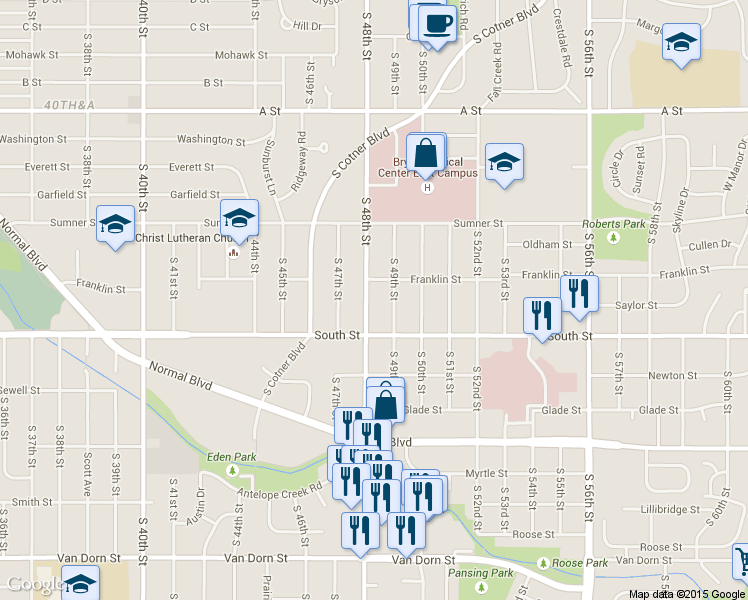 map of restaurants, bars, coffee shops, grocery stores, and more near 1932 South 48th Street in Lincoln