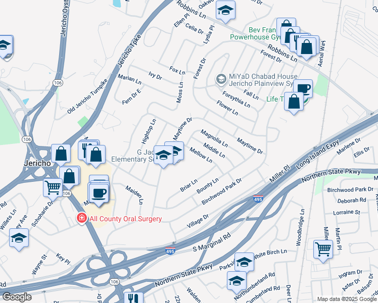 map of restaurants, bars, coffee shops, grocery stores, and more near 49 Mellow Lane in Jericho