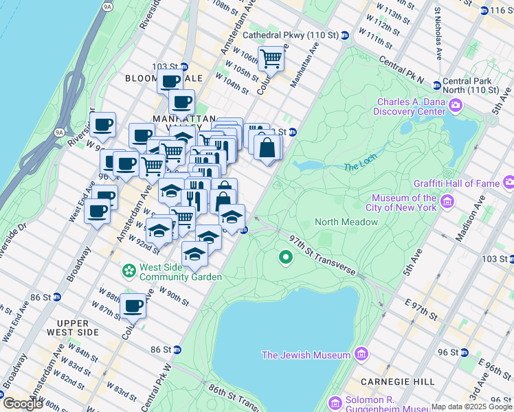 map of restaurants, bars, coffee shops, grocery stores, and more near 377 Central Park West in New York