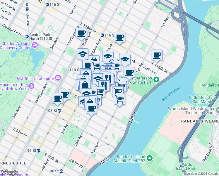 map of restaurants, bars, coffee shops, grocery stores, and more near 300 East 109th Street in New York