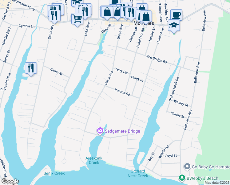 map of restaurants, bars, coffee shops, grocery stores, and more near 18 Inwood Road in Center Moriches