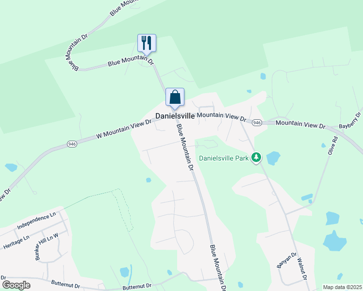 map of restaurants, bars, coffee shops, grocery stores, and more near 1329 Blue Mountain Drive in Danielsville