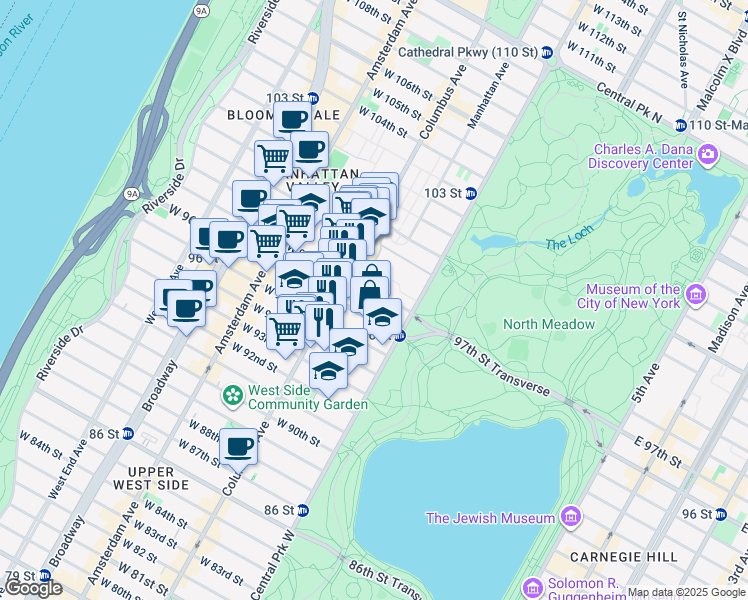 map of restaurants, bars, coffee shops, grocery stores, and more near 50 West 97th Street in New York