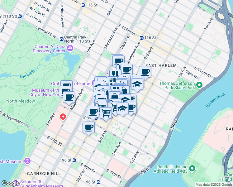 map of restaurants, bars, coffee shops, grocery stores, and more near 163 East 107th Street in New York
