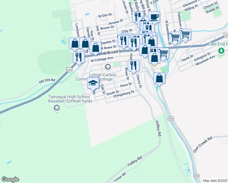 map of restaurants, bars, coffee shops, grocery stores, and more near 207 South Street in Tamaqua