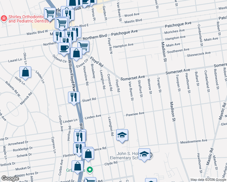 map of restaurants, bars, coffee shops, grocery stores, and more near 33 Concord Road in Shirley